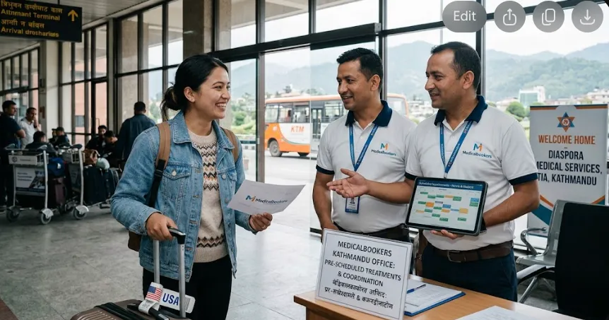 Two smiling Medicalbookers representatives in branded shirts greet a young woman of Nepali diaspora with a "USA" suitcase, pointing to a tablet displaying her pre-scheduled medical appointment coordination. A sign on the table says "MEDICALBOOKERS