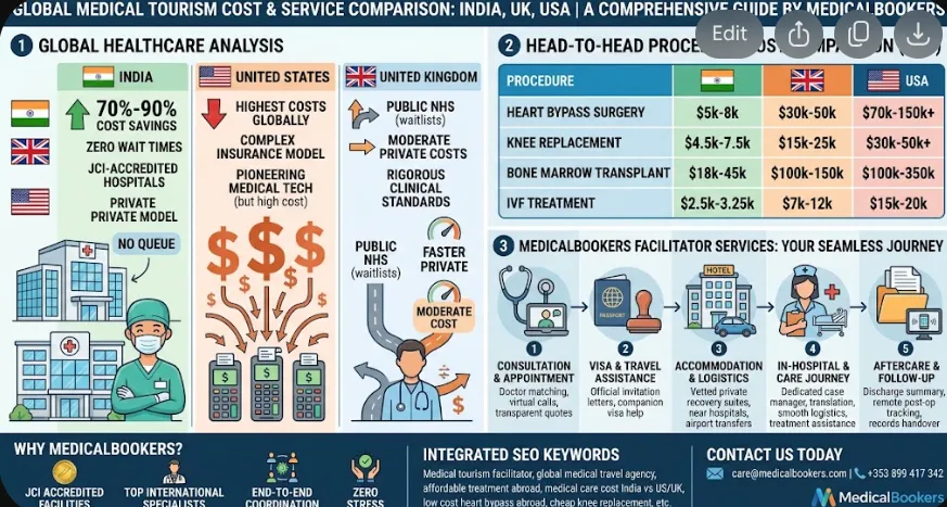 Infographic comparing medical tourism procedure costs between India, the UK, and the USA, highlighting MedicalBookers' 5-step healthcare facilitation process
