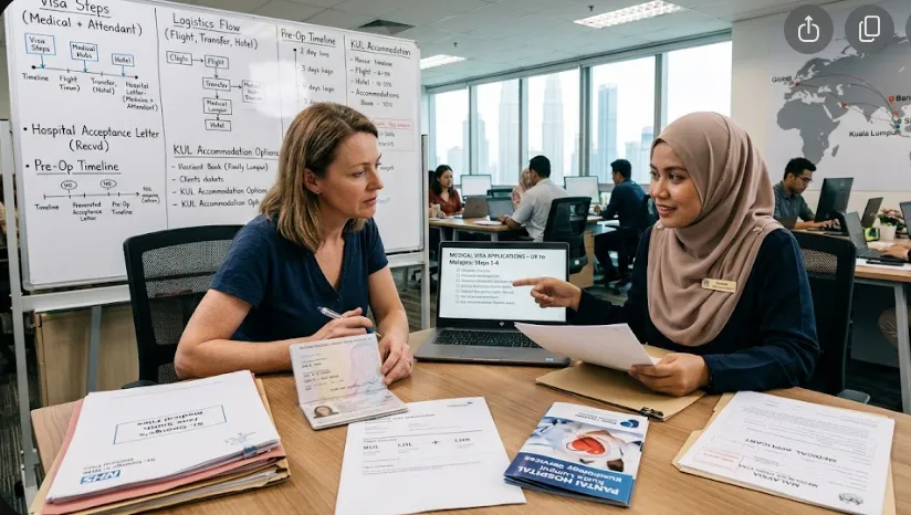 Two professionals reviewing medical visa documents in an office setting.
